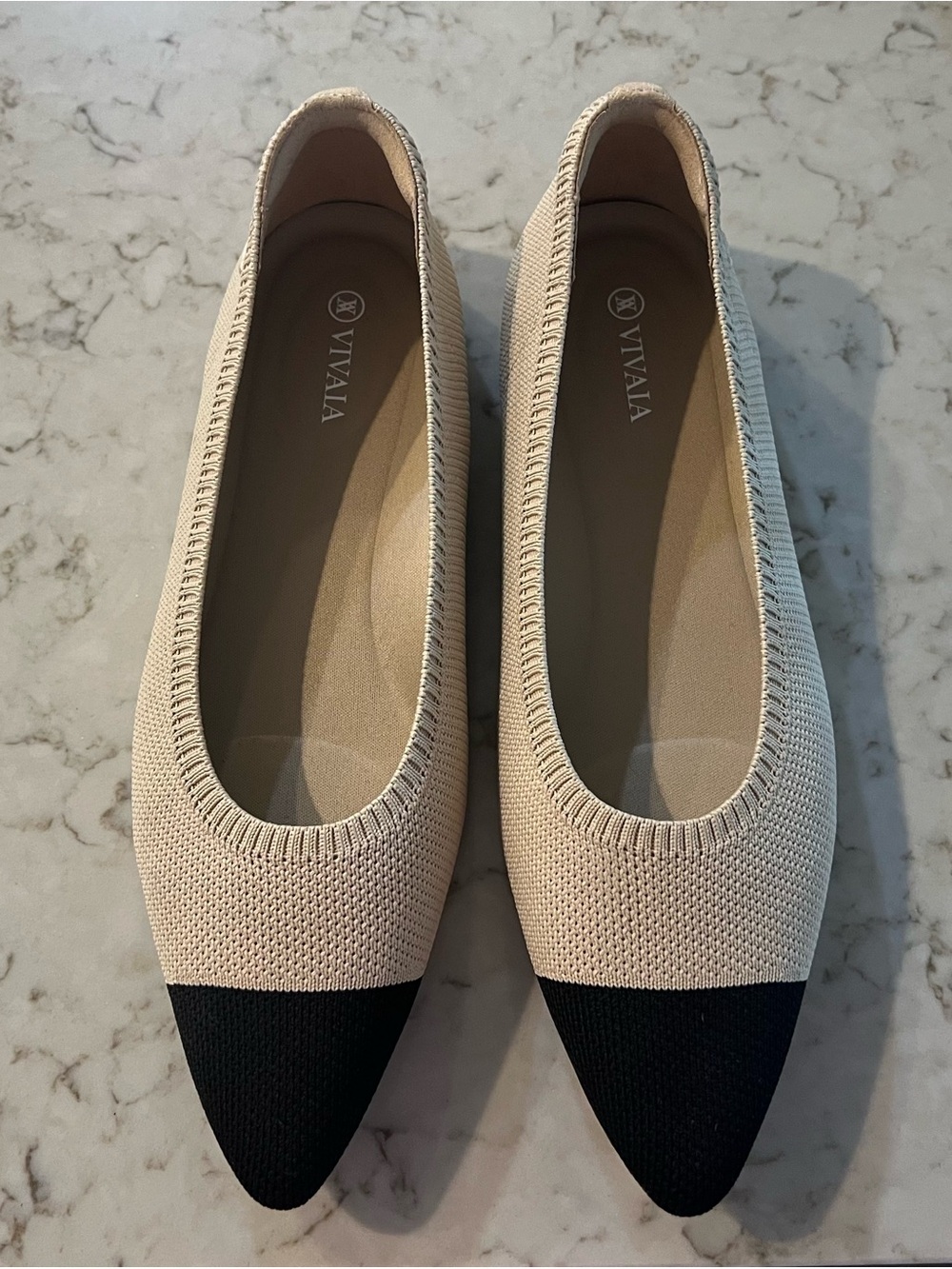 Vivaia Two-Tone Pointed Knit Ballet Flat - Cream with Black Toe